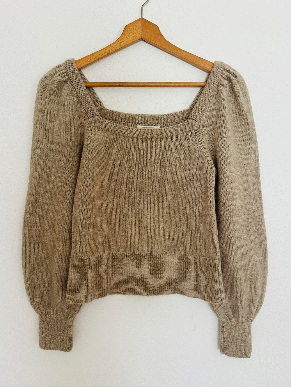 Anthropologie Square Neck Puff Sleeve Sweater Beige Knit XS